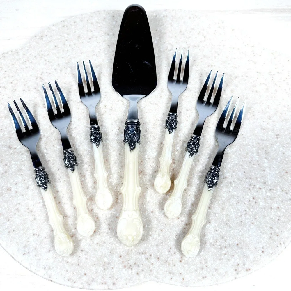 Inox 18/10 Italy Cream Faux Bone Handle Fish Serving Set‎ 6 Forks + Server